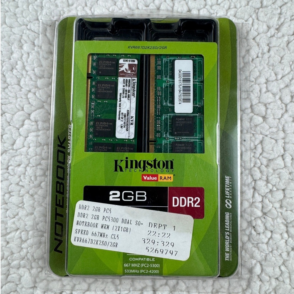 Kingston 2GB‎ DDR2 667MHz PC2-5300 Laptop RAM Kit KVR667D2K2SO/2GR New